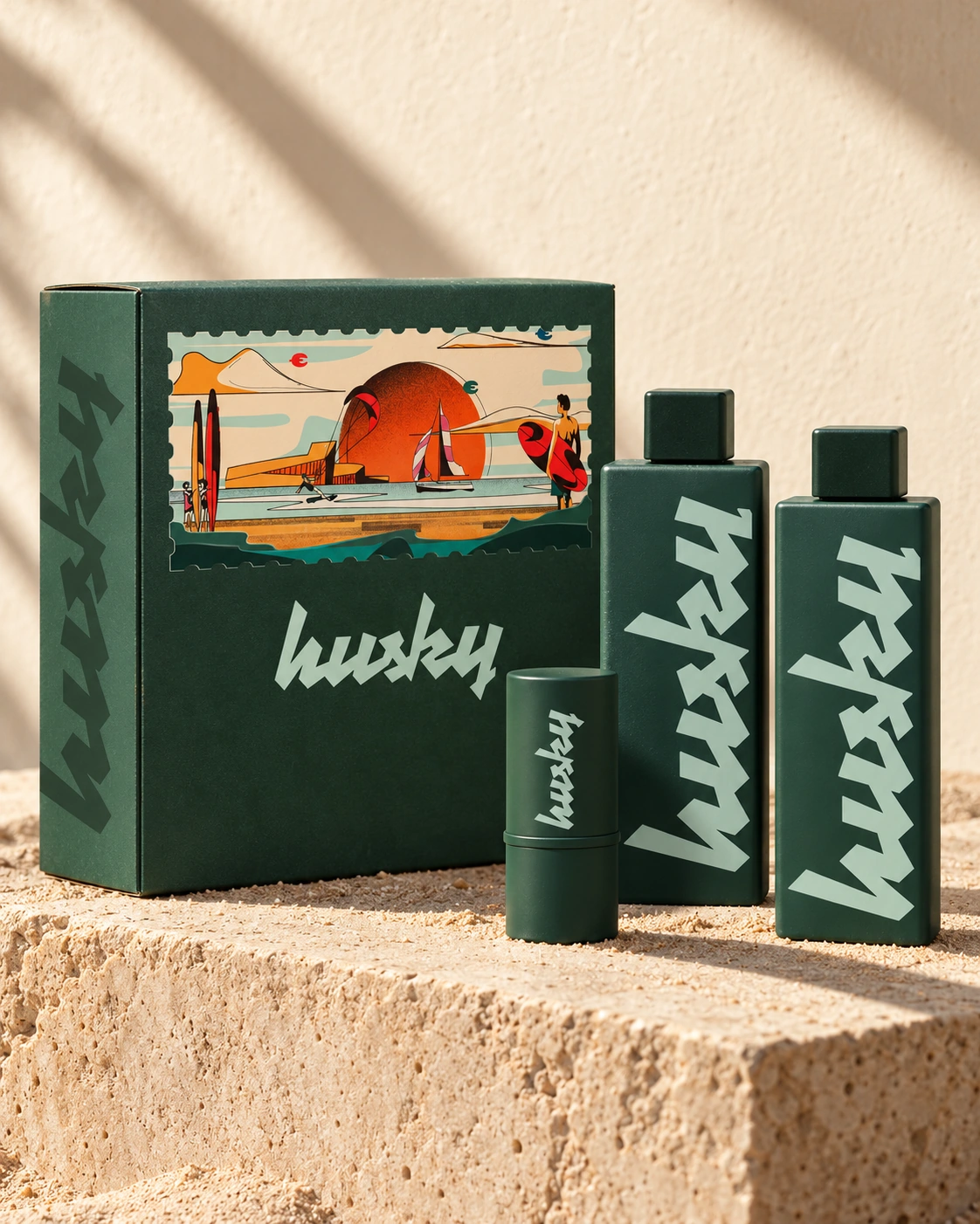 Zestaw HUSKY Surf & Sail z ilustrowanym pudełkiem i zielonymi opakowaniami